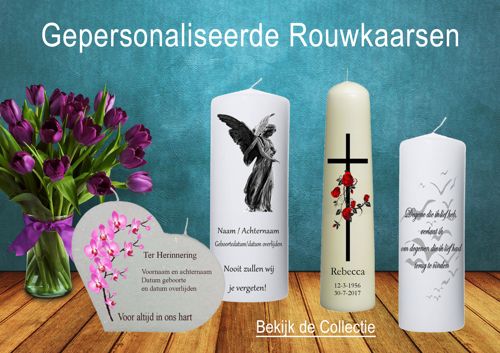 Rouwkaarsen met passende afbeeldingen en teksten bestel je online bij de online kaarsenwinkel.