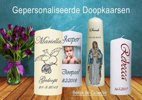 Doopkaarsen met een foto van je kindje, naam en doopdatum.